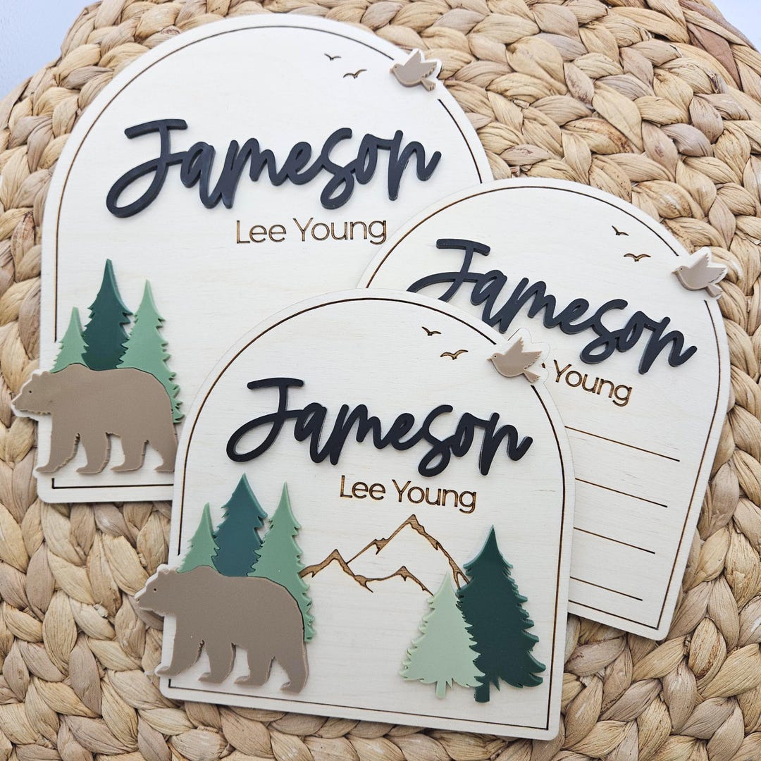 Personalized Bear & Pine Tree Baby Name Sign: Newborn Announcement ...