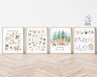 Set of Four Forest Woodlands Nursery Prints | Educational Playroom Print Set