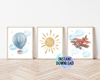Printable Vintage Travel Wall Art | Hot Air Balloon, Plane and Sunshine Nursery Print Set