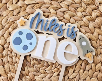 Personalized Space Cake Topper | Moon, Rocket 1st Birthday Decor