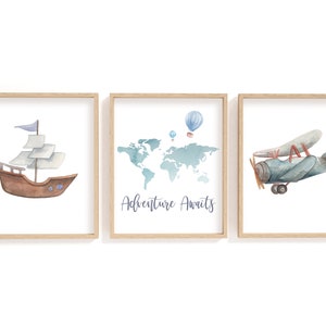 Aquarelle Aventure Print Set / Aventure attend / Carte du monde et avion