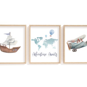 Watercolour Adventure Print Set/ Adventure Awaits/ World Map and Airplane