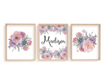 Watercolour Floral Nursery Prints/ Floral Artwork/ personalized floral print/ set of three dusty rose floral prints