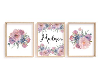 Watercolor Floral Nursery Prints, Personalized Name Art (Set of 3)