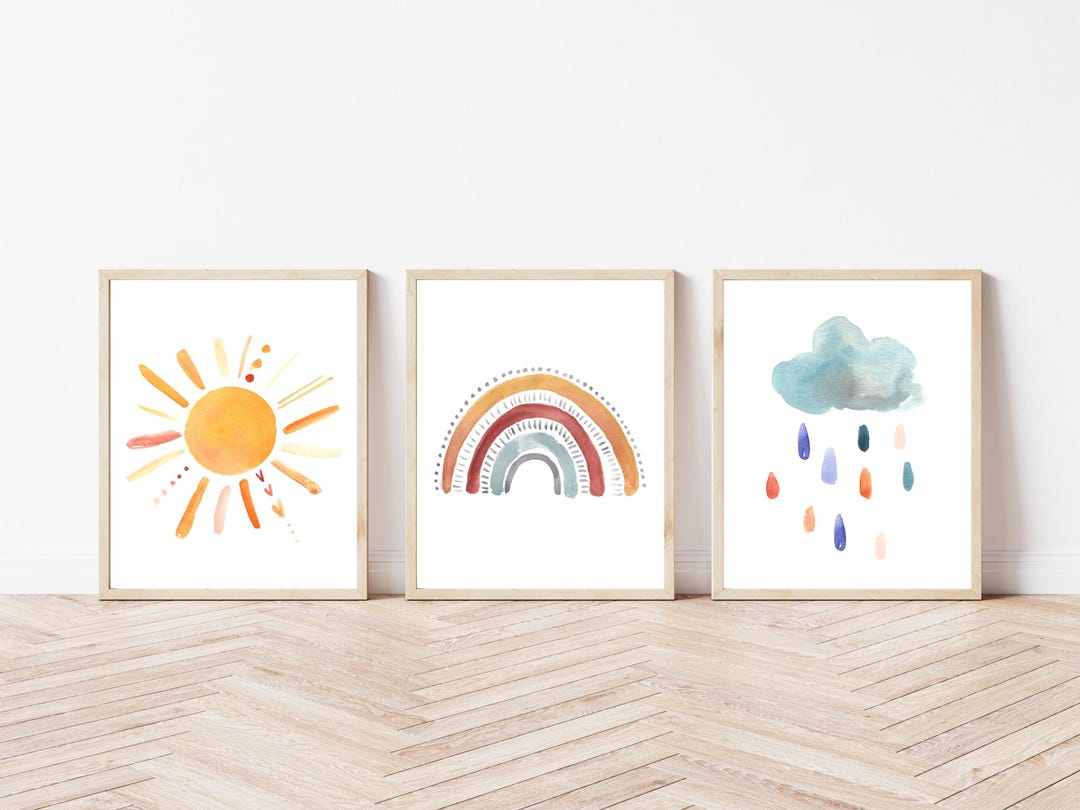 Neutral Watercolour Rainbow, Sunshine and Rain Cloud Print Set | Earth ...