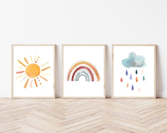 Neutral Watercolour Rainbow, Sunshine and Rain Cloud Print Set | Earth Toned Nursery Wall Art