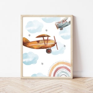 Watercolour Vintage Airplanes and Clouds Print Set Set of Three Vintage Planes for Nursery or Playroom image 3