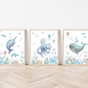 Ensemble d'impressions mignonnes de créatures marines aquarelle | Ensemble d'impressions pour chambre d'enfant sur le thème de l'océan | Art mural sous la mer | Baleine, pieuvre, narval