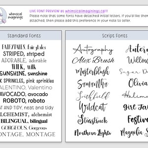 May include: A font preview showcasing standard and script styles, with examples such as "Sunshine" and "Autography." The image includes the text "LIVE FONT PREVIEW at whimsicalimaginings.ca!!!"