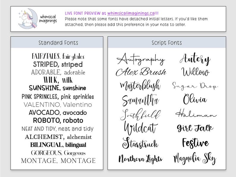 May include: A font preview showcasing standard and script styles, with examples such as "Sunshine" and "Autography." The image includes the text "LIVE FONT PREVIEW at whimsicalimaginings.ca!!!"
