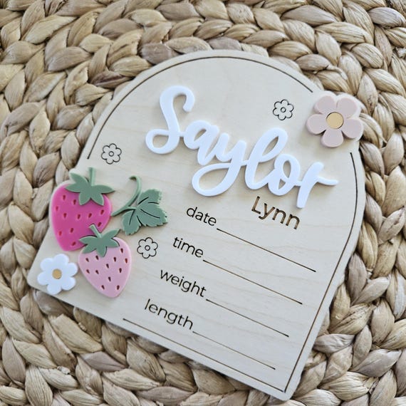 Strawberry Baby Name Sign | Newborn Birth Announcement Name Plaque | Arch Baby Arrival Hospital Sign | Newborn Footprint Plaque