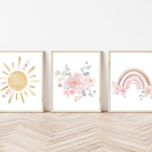Boho Peach and Pink Rainbow, Sunshine and Flower Nursery Print Set | Watercolour Prints