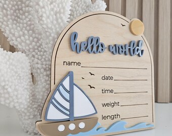 Nautical Sailboat Hello World Birth Announcement Sign