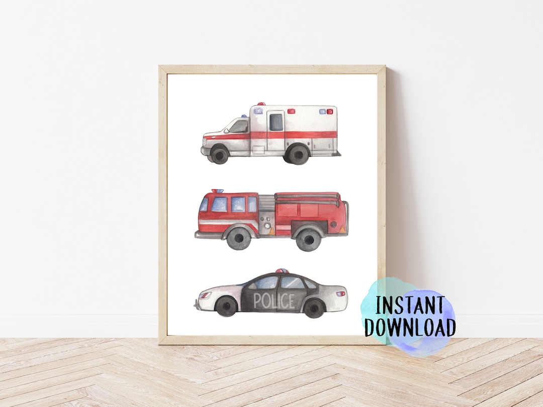 Printable Rescue Vehicles Wall Art | Police Car, Firetruck and ...