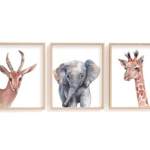 Safari animal watercolour Prints/ giraffe, elephant and gazelle prints/ animal nursery prints