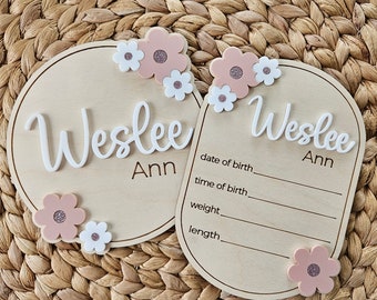 Floral Baby Name Sign: Laser Etched Birth Announcement Plaque