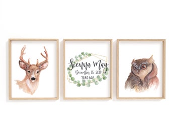 Woodland animal watercolour Prints/ deer, raccoon and owl prints/ animal nursery prints/ forest animals