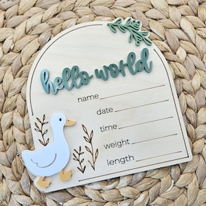 May include: Wooden baby announcement sign with the words "hello world" in teal. The sign has space to write the baby's name, date, time, weight, and length. A white duck with yellow feet and beak is on the left side.