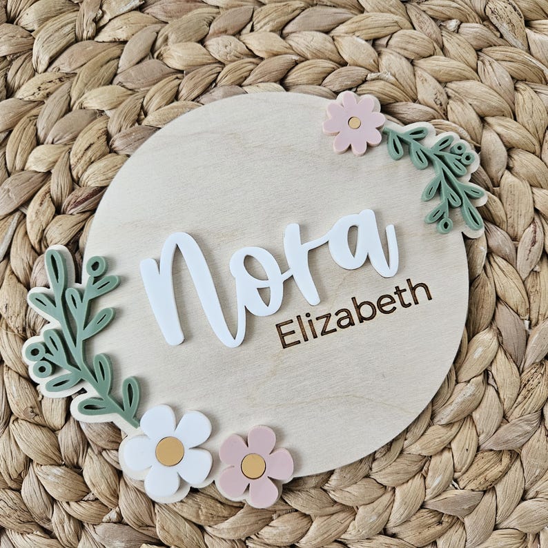 Newborn Baby Name Sign | Wildflower Birth Announcement Name Plaque ...