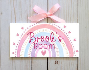Personalized Rainbow Name Sign | Watercolour Child's Door Sign | Rainbow and Hearts
