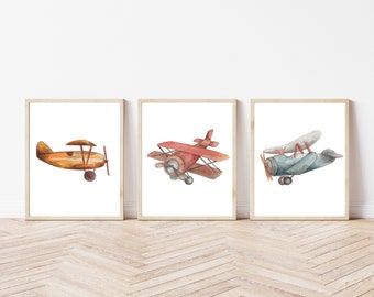 Vintage Airplane Watercolor Print Set | Nursery, Playroom Wall Art