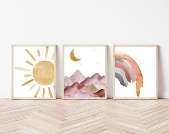 Watercolor Nursery Print Set | Boho Sunshine, Rainbow, Mountains