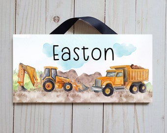 Construction Trucks Name Sign | Digger and Dump truck Name Sign