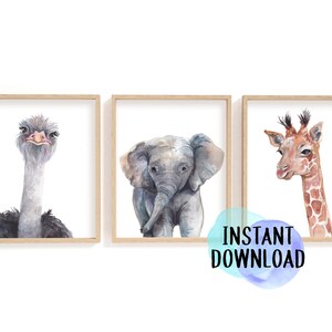 Digital Download Safari Animal Prints/ Elephant, Giraffe and Ostrich/ Nursery Animal Printables