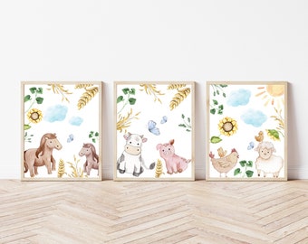 Watercolor Farm Animal Prints | Neutral Nursery Decor Set