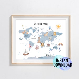 Animal World Map Print | Afdrukbare kaart van de wereld | Educatieve afdrukken voor kinderen