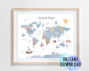 Könnte beinhalten: Ein gerahmter Weltkarten-Druck mit hellblauem Aquarelldesign. Die Karte zeigt Illustrationen von Tieren und Wahrzeichen, mit dem Text "World Map" oben. Der Text "Instant Download" ist ebenfalls sichtbar.