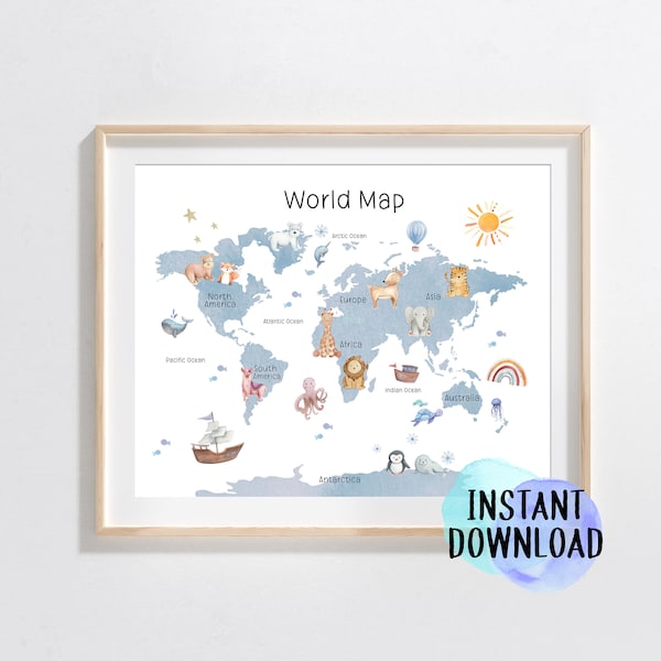 Animal World Map Print | Printable Map of the World - Etsy