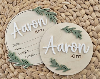 Custom Newborn Name Sign | Birth Announcement Name Disc | Double-Sided Hospital Sign with Birth Stats | Baby Photo Prop