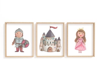 May include: Three framed watercolor prints featuring a knight, a castle, and a princess. The knight wears armor and holds a shield. The castle has a red flag. The princess wears a pink dress and a gold crown.
