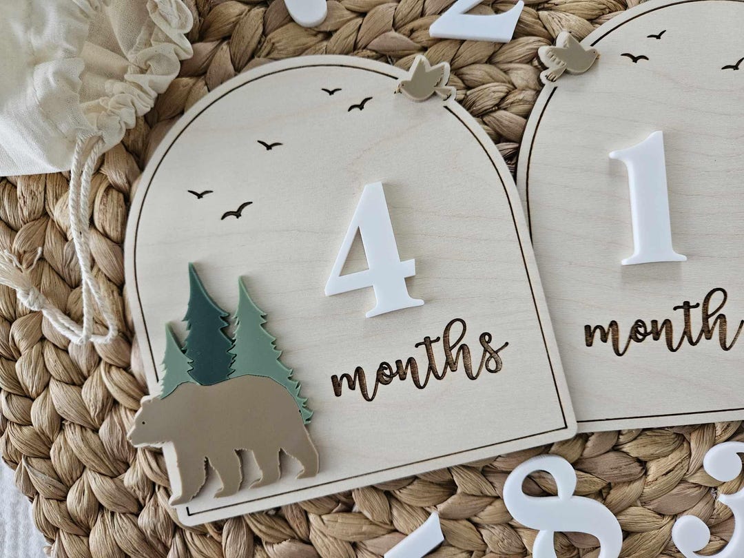 Burbell 3D Wooden Daisy Baby Monthly Milestone Cards 1-12 Months Interchangeable Baby Months Signs M