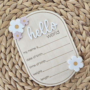 Bonjour le monde faire-part de naissance | Nom du bébé nouveau-né | plaque florale de faire-part de naissance | Signe de l'arrivée de bébé à l'hôpital