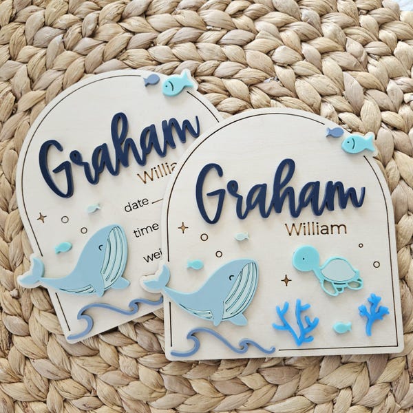 Ocean Baby Name Sign | Nautical Sea Newborn Birth Announcement Name Plaque | Whale Baby Arrival Hospital Sign | Newborn Footprint Plaque