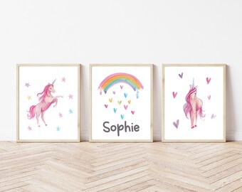 Personalized Unicorn Art Prints | Pink Unicorn and Rainbow Print Set