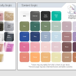 May include: A color chart displaying a variety of acrylic colors, including glitter and mirror finishes. The chart is divided into "Specialty Acrylics" and "Standard Acrylics", with a logo for "Whimsical Imaginings" in the upper right corner. The chart includes colors like Rose Gold Glitter, White, and French Blue.