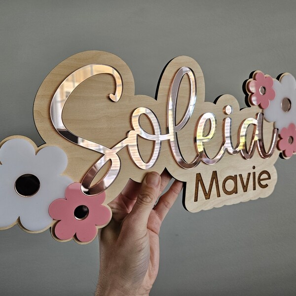 Rose Gold Name Sign | Floral Nursery Name Sign | Wood and Acrylic Child's Name Sign | Baby Name Sign