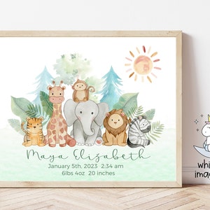 Personalized Jungle Themed Illustration | Jungle Animals Print | Nursery Name Print | Baby Birth Statistics Print | Jungle Wall Art