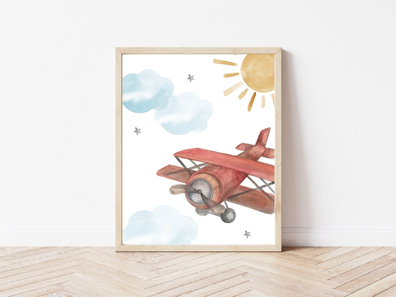 Watercolour Vintage Airplanes and Clouds Print Set Set of Three Vintage Planes for Nursery or Playroom image 2