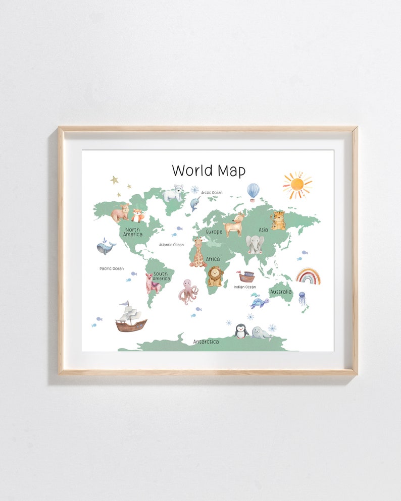 Animal World Map Print | Nursery Map of the World | Playroom, Nursery ...