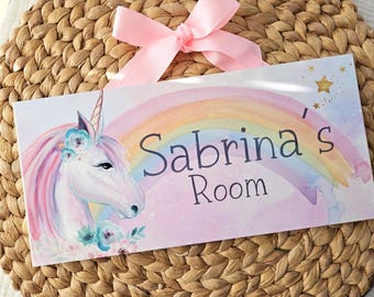 Personalized Unicorn and Rainbow Name Sign | Watercolour Unicorn Child&#39;s Bedroom Door Sign | Kids Name Sign
