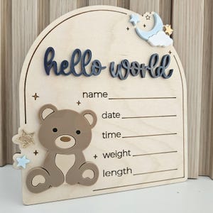 Babyaankondigingsbord teddybeer | Hello World-bord met statistieken voor pasgeborenen