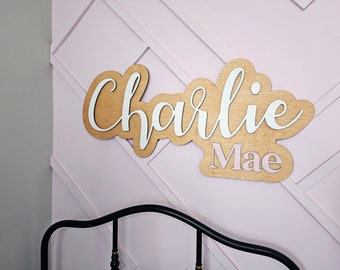 Wood Script Baby Nursery Name | Above Crib Name Sign | Bubble Name Sign, First and Middle Name