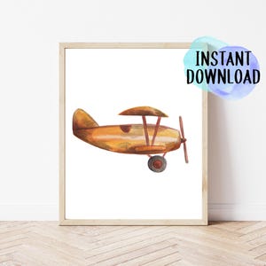 Digital Download Vintage Airplane Print | Printable Plane Wall Art | Yellow Airplane Nursery Decor