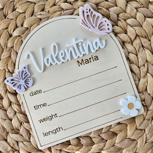 Butterfly Baby Name Sign | Newborn Birth Announcement Name Plaque | Arch Baby Arrival Hospital Sign | Baby Birth Statistics Sign