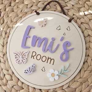 Butterfly Name Sign | Floral Bedroom Door Sign | Children&#39;s Name Sign | Name Plaque for Door | Natural Wood Name Sign | Kids Room Sign