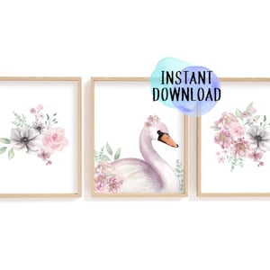 Printable Swan Artwork | Floral Swan Print | Digital Download Swan Print Set